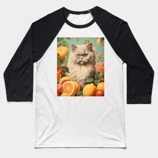 Vintage Persian Cat Collage Surrounded by Citrus Fruit - Unique Cat Art Baseball T-Shirt